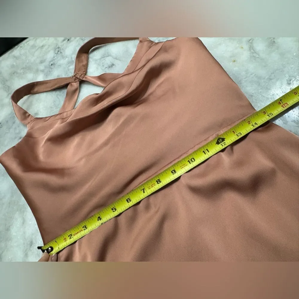 BARBIE AZAZIE 1007 Criss Cross Strap Stretch Satin Sheath Dress Bronzer. Size A8